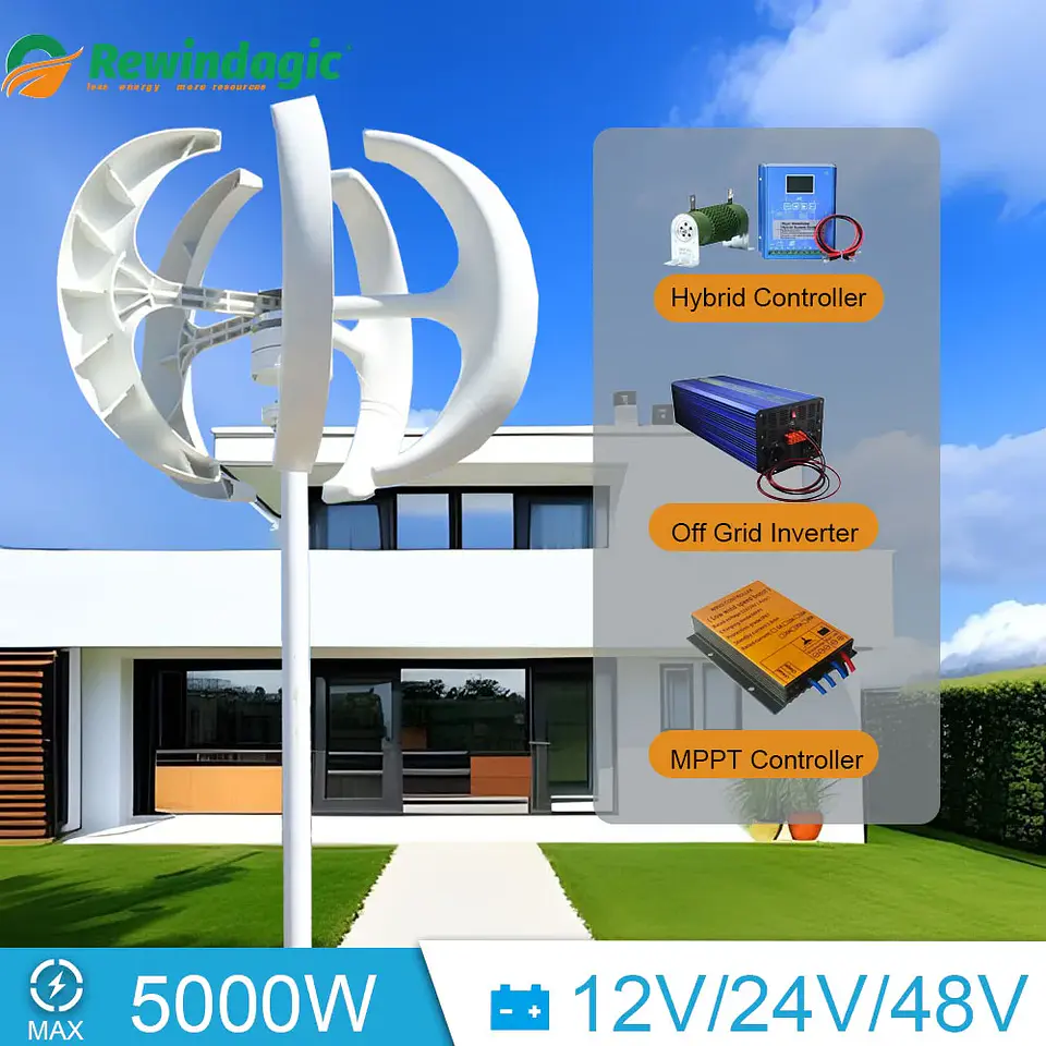 5000W 12V 24V 48V Wind Turbine Generator 5KW Vertical Axis Maglev Windmill With Hybrid Charge Controller For Home Use 1