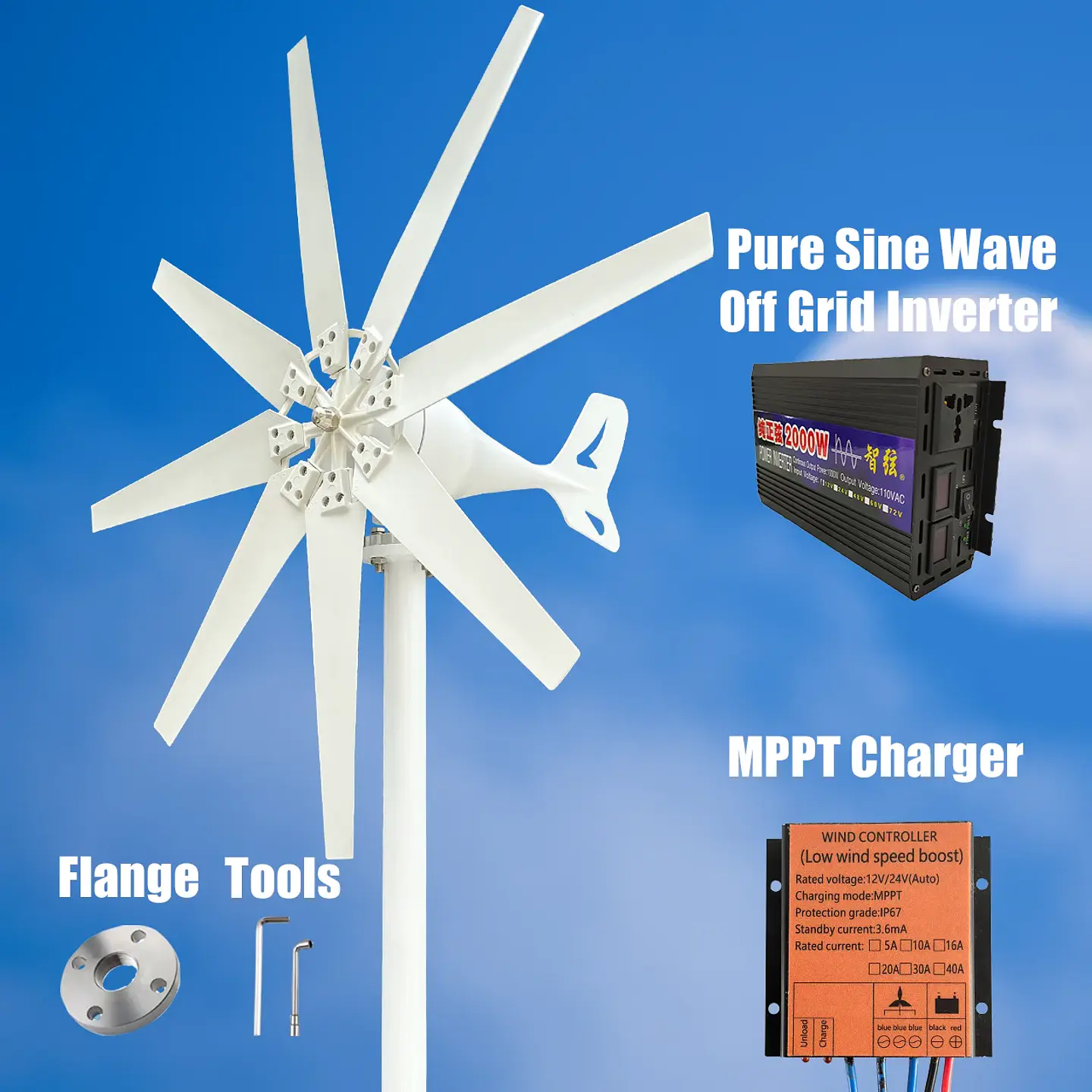 2kw Horizontal Wind Turbine Generator 48V 24V 12V Free Energy Magnetic Dynamo Strong Power 220v Inverter Output For Home 8
