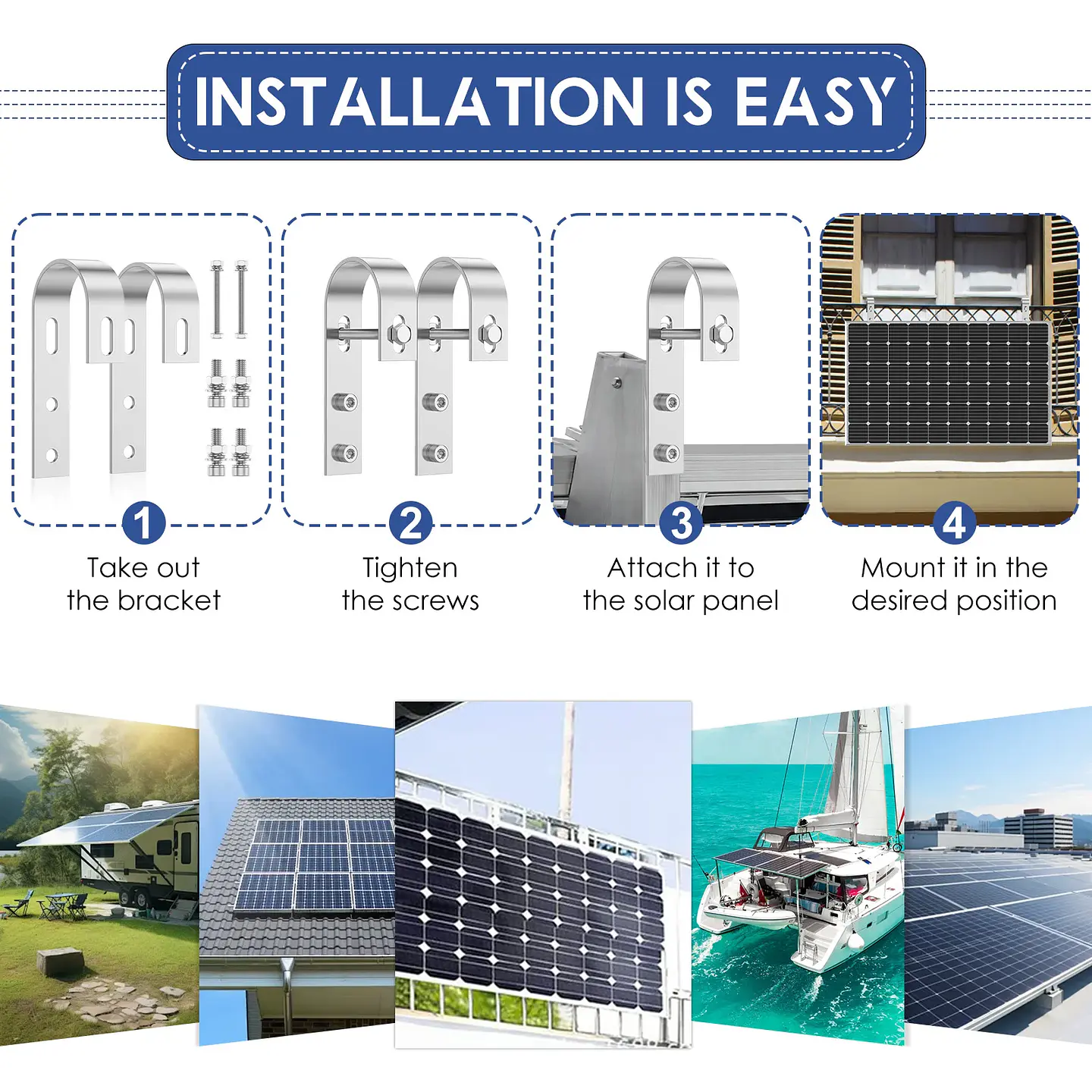 Drill Free Solar Panel Mount Bracket 304 Stainless Steel PV Module Railing Hooks Complete Hardware Kit For Balcony Roof Caravan 4