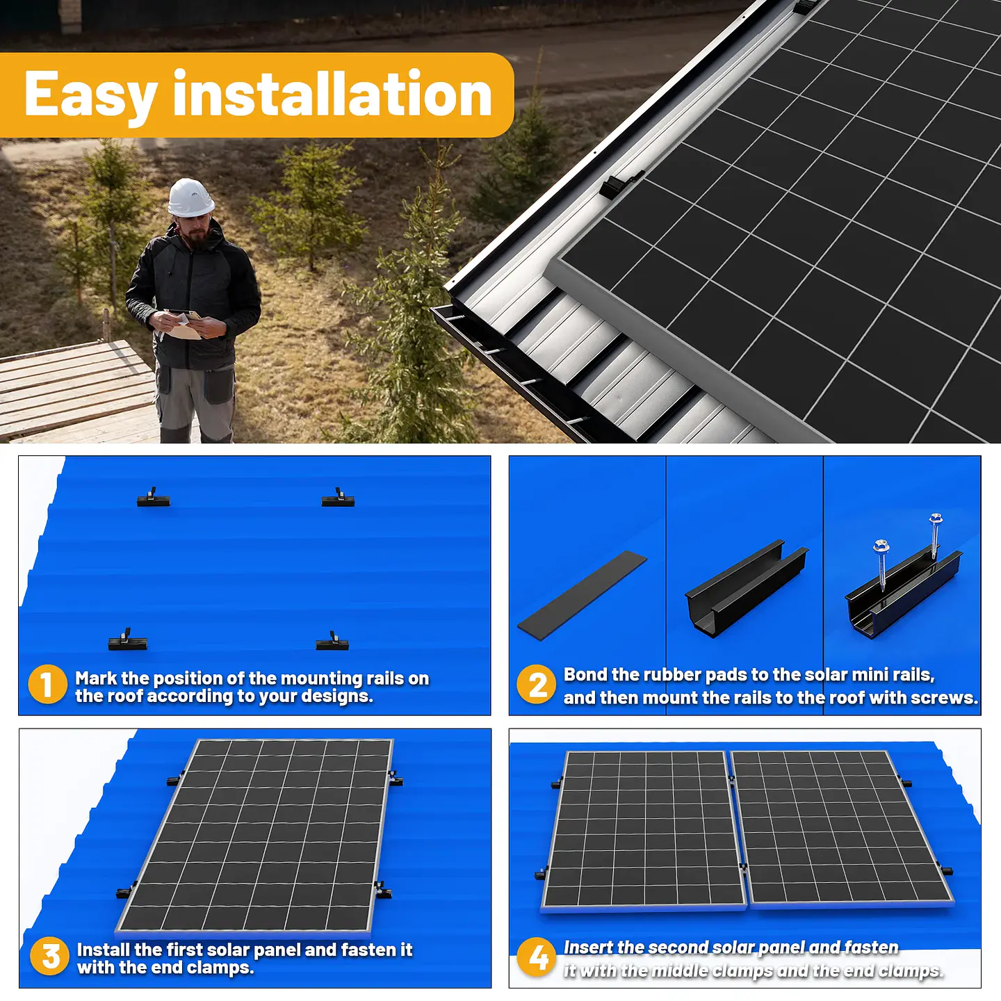 10/6pcs Solar Panel Mounting Brackets Mid and End Clamps and Rails Kit for Roofing Solar Panels of Multiple Sized,Mounting Clamp 5