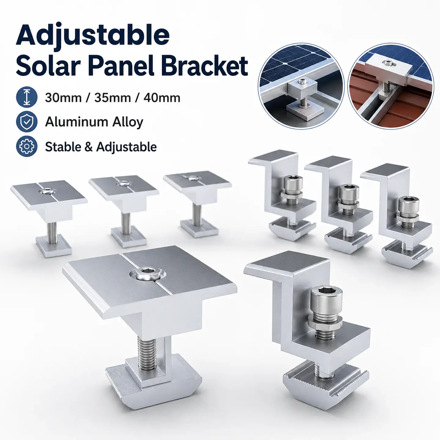 Solar Panel Adjustable Bracket Clamps PV Bracket Mounting Clip Solar Mid And End Clamp 30mm 35mm 40mm For Fixing Solar Panel 1