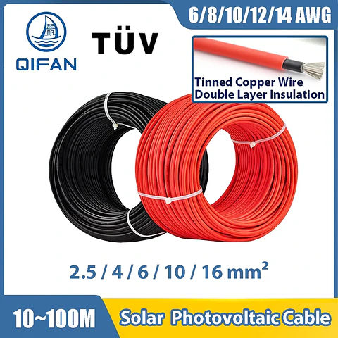 Solar Power Cable 2.5 4 6 10 16 mm2 6 8 10 12 14AWG Photovoltaic TÜV TUV Wire For PV Panels Connection Red Black Jacket PVC