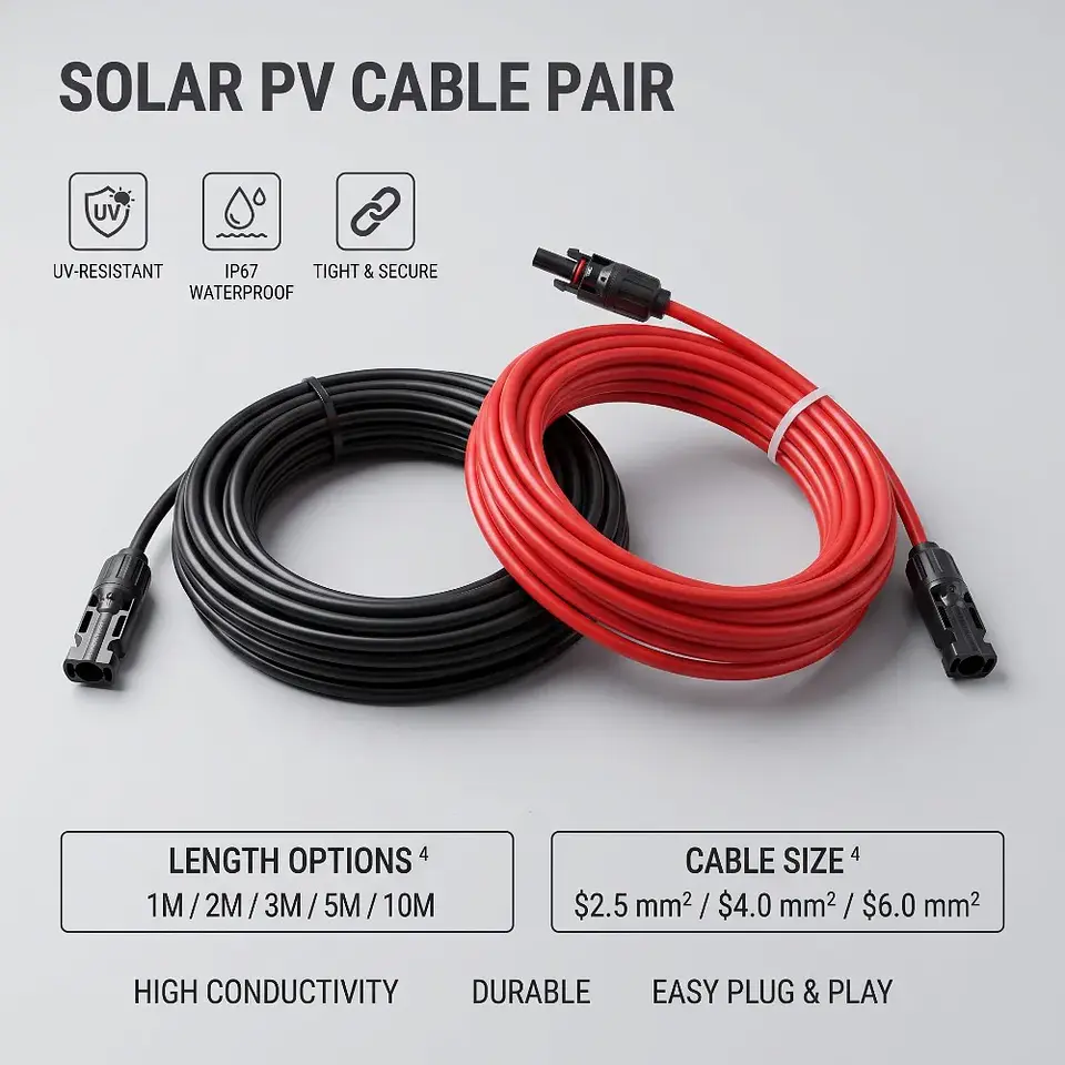 Solar Extension Cable 1-10M Waterproof PV Wire Red Black 2.5/4/6mm² Copper Cable for RV Home Off Grid Solar System 1
