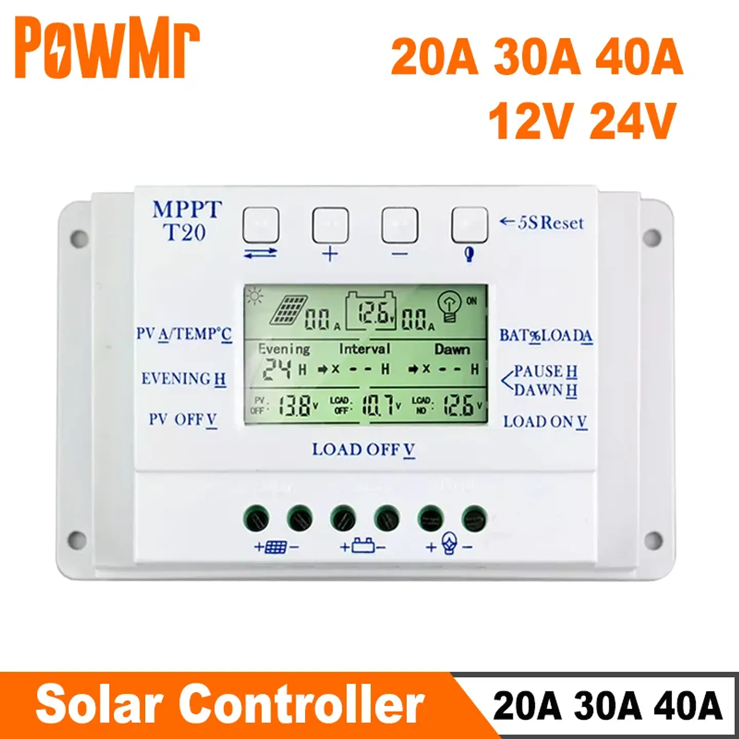 PowMr MPPT PWM 20A 30A 40A Solar Charge Controller 12V 24V Auto Solar Panel Regulator Solar Battery Charger Dual Timer 1