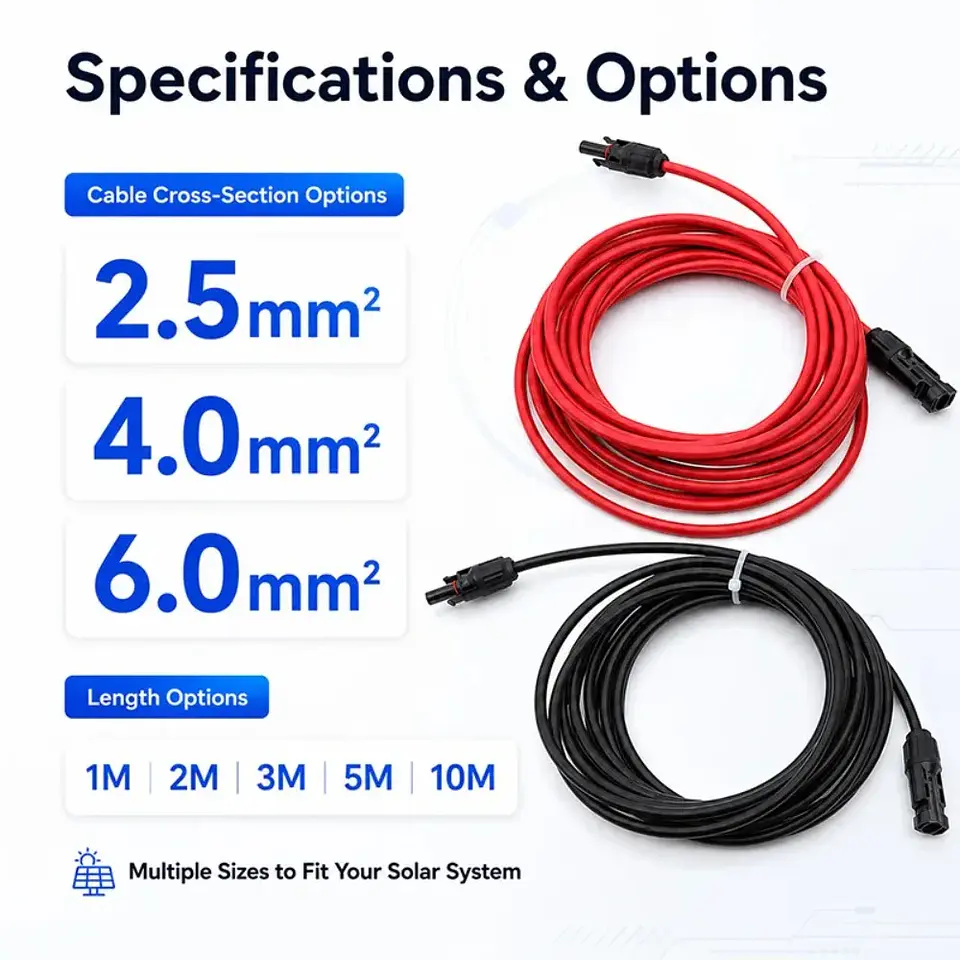 Solar Extension Cable 1-10M Waterproof PV Wire Red Black 2.5/4/6mm² Copper Cable for RV Home Off Grid Solar System 2