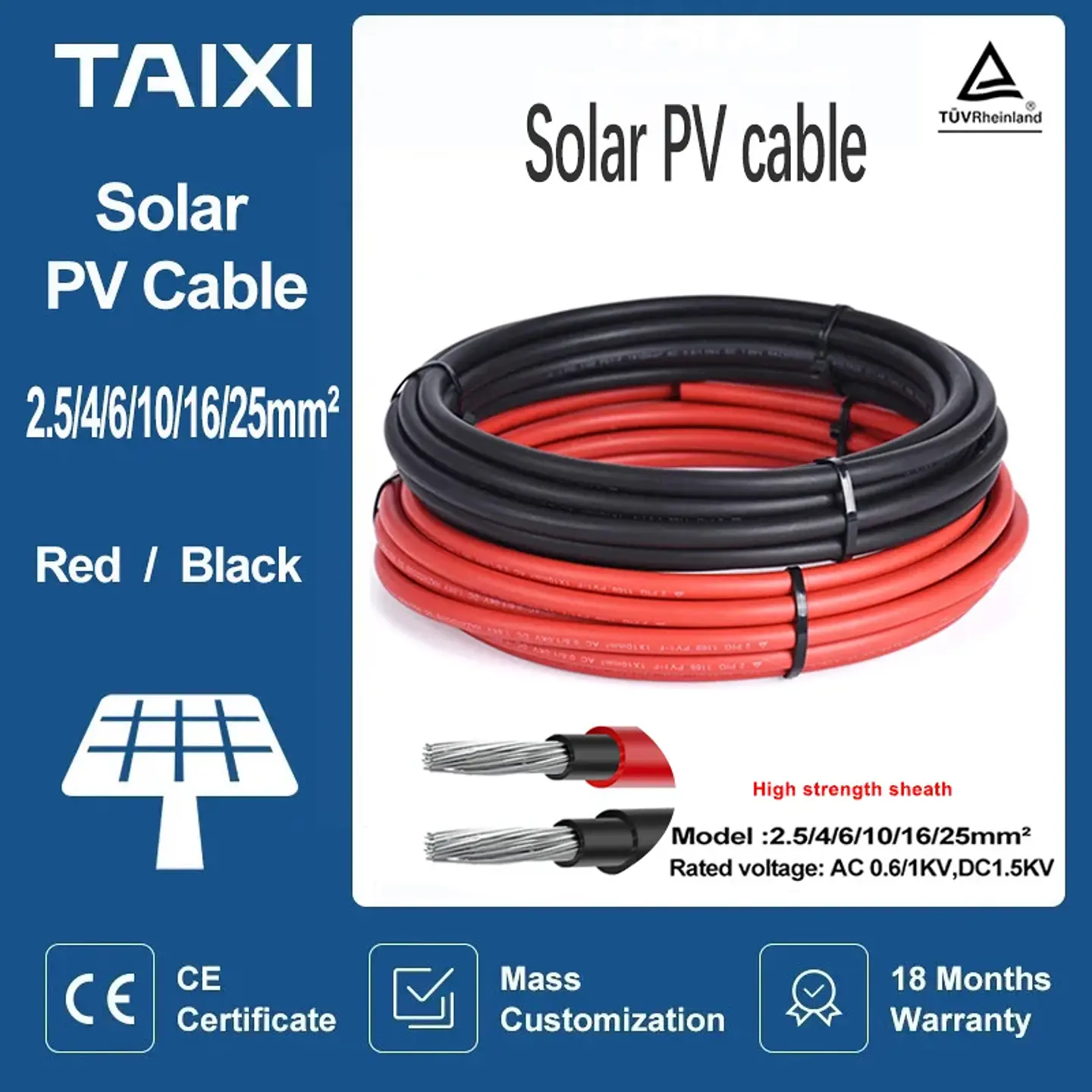 Solar Photovoltaic PV Cable Wire Battery Connection Cable 4 6 8 10 12 14 16 AWG/2.5 4 6 8 10mm2  Red Black Cable 1