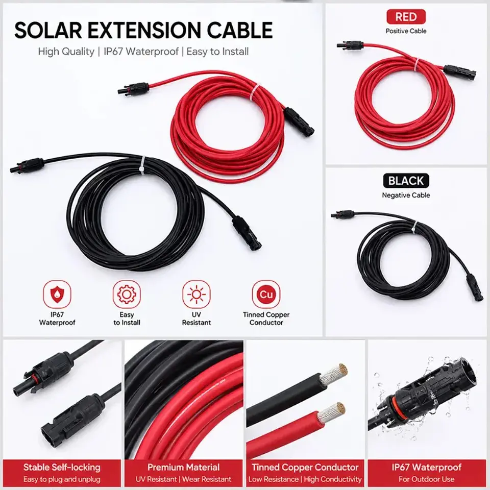 Solar Extension Cable 1-10M Waterproof PV Wire Red Black 2.5/4/6mm² Copper Cable for RV Home Off Grid Solar System 3