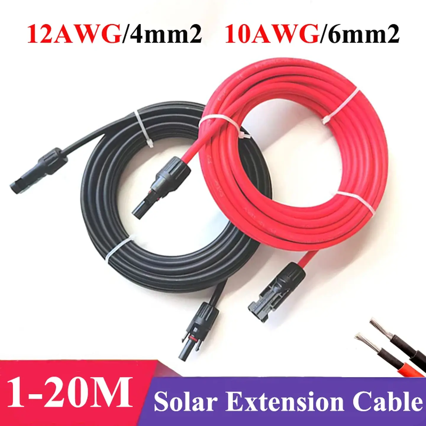 1Pair Solar extension cable wire 12 10AWG 4/6mm² Red Black with male and female connectors For solar panels solar controller     2