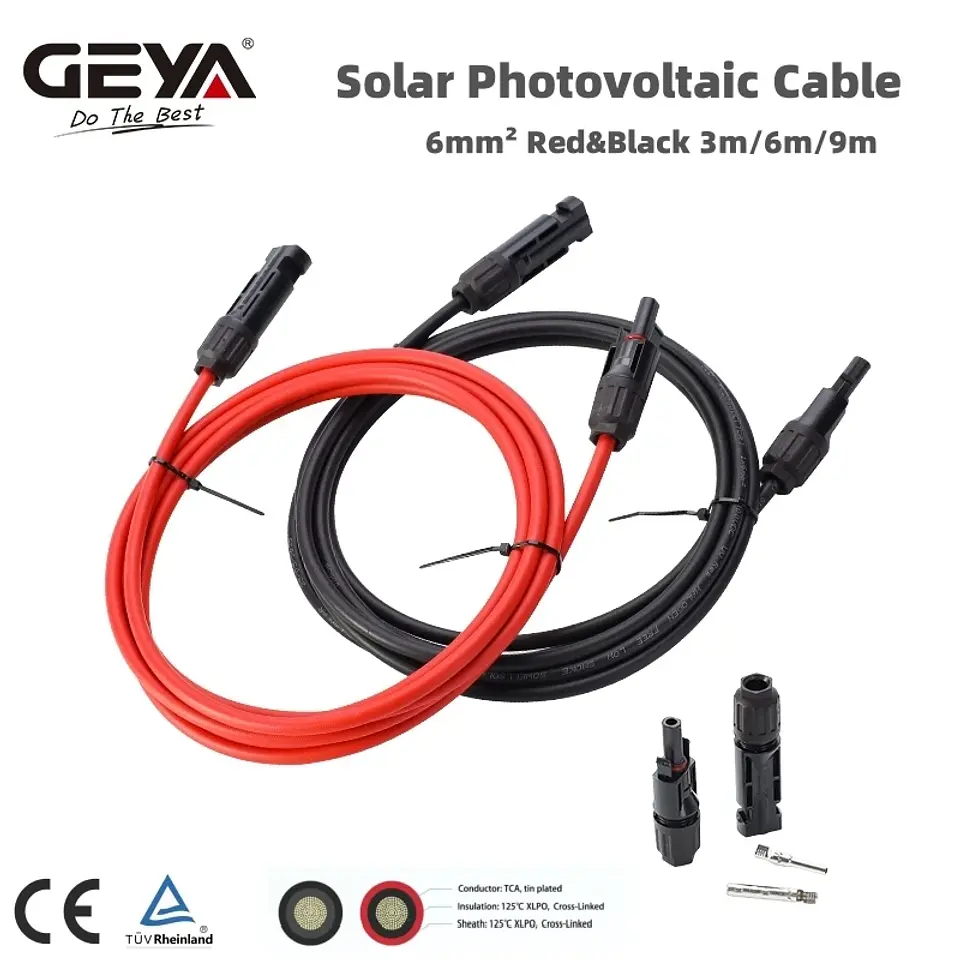 GEYA Solar PV Cable 2000VDC with Connector 3/6/9Meters 6mm2 Solar Panel Cable Photovoltaic Wire 10AWG 1 Pair Red&Black 3
