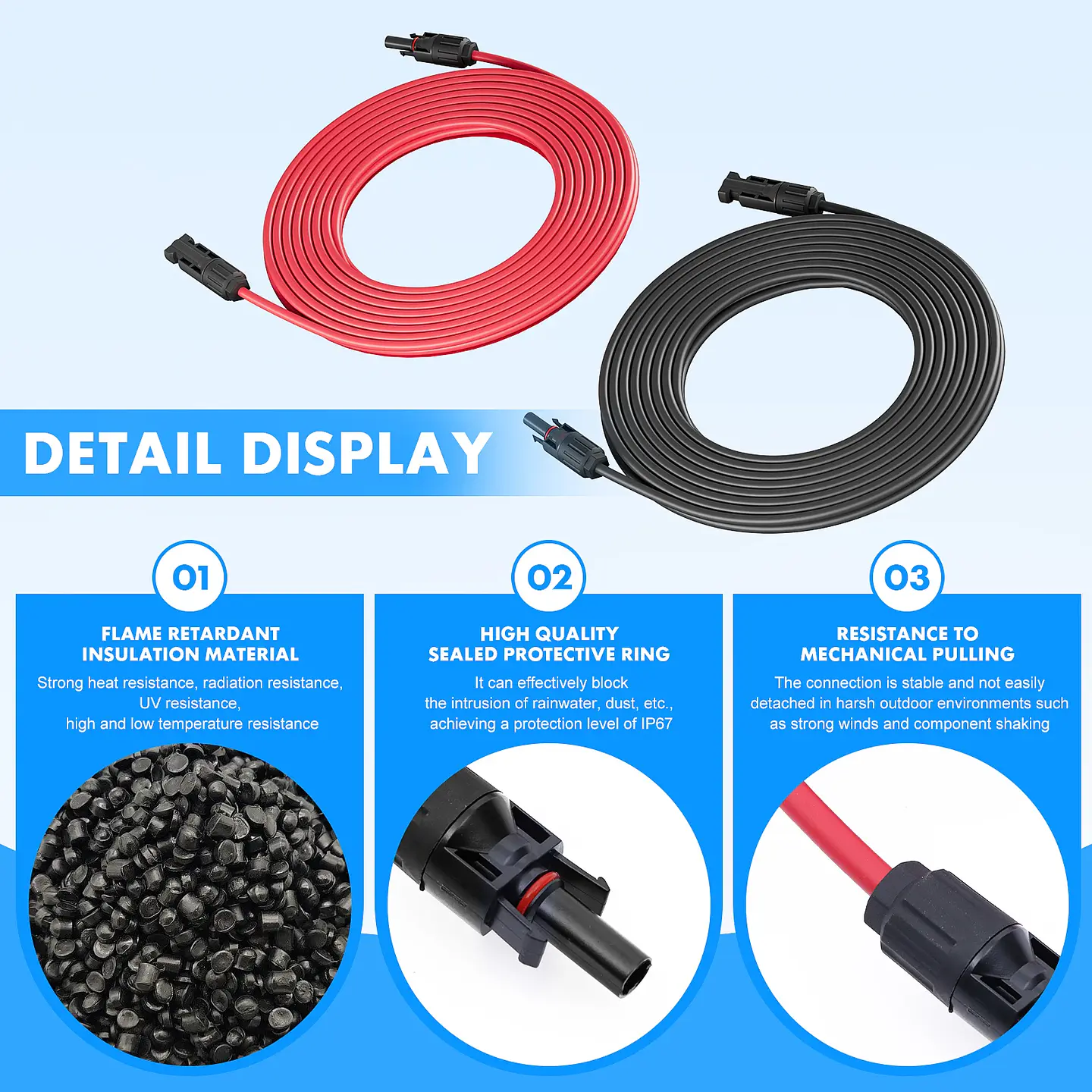 Solar Panel Cable Wire Extension PV Cable DC Rated 1-10 Meter 4mm²6mm² 1000V/1500V With Solar Connectors Plugs 6