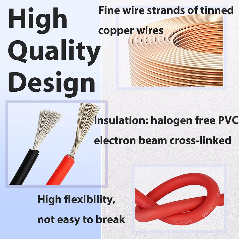 Solar Power Cable 2.5 4 6 10 16 mm2 6 8 10 12 14AWG Photovoltaic TÜV TUV Wire For PV Panels Connection Red Black Jacket PVC 5