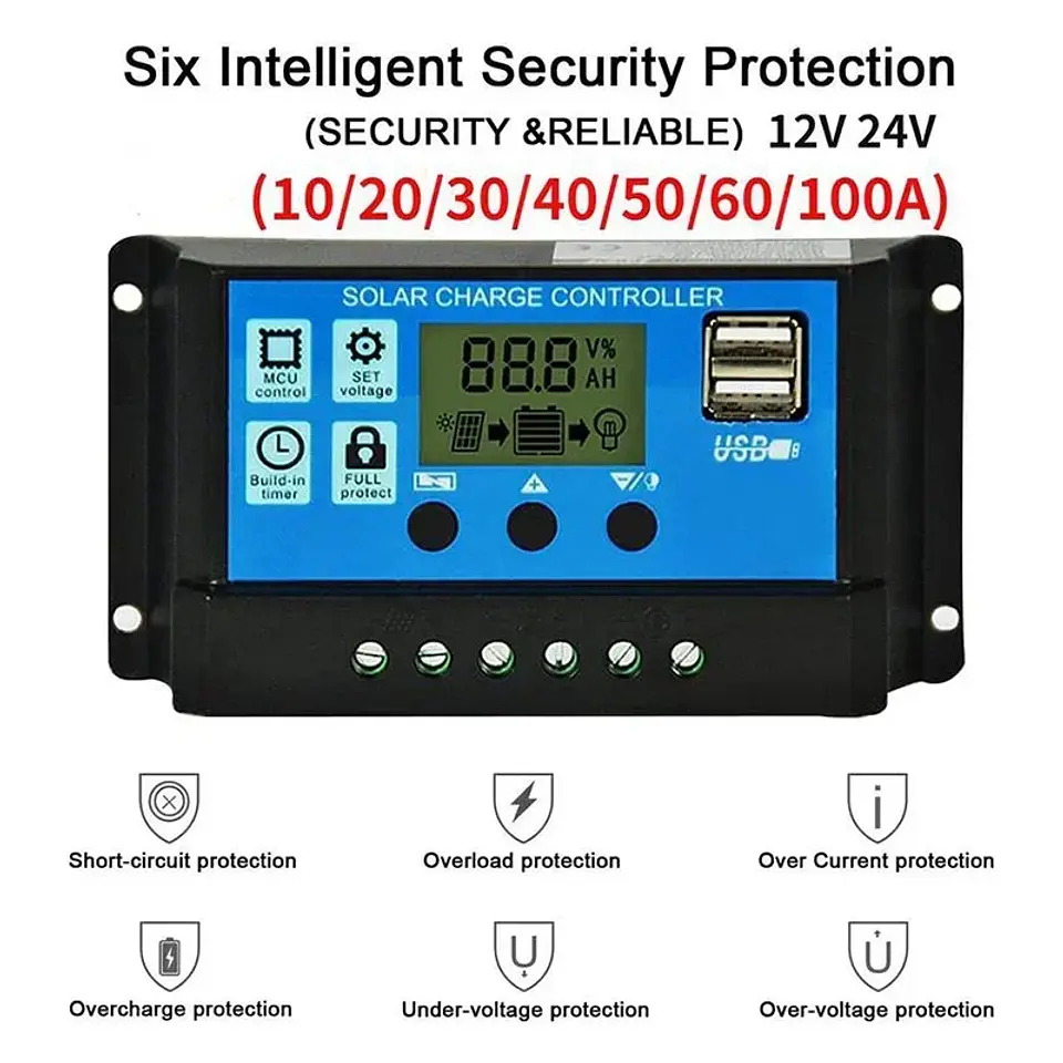 10A–100A PWM Solar Charge Controller — 12V/24V, LCD & USB 4