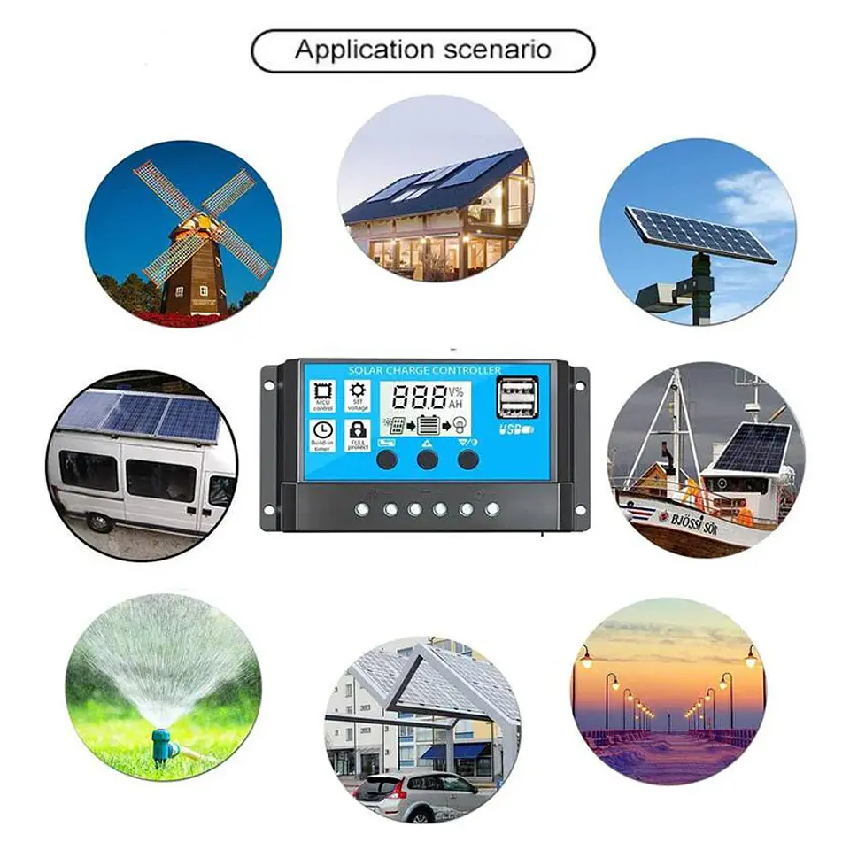 10A–100A PWM Solar Charge Controller — 12V/24V, LCD & USB 5