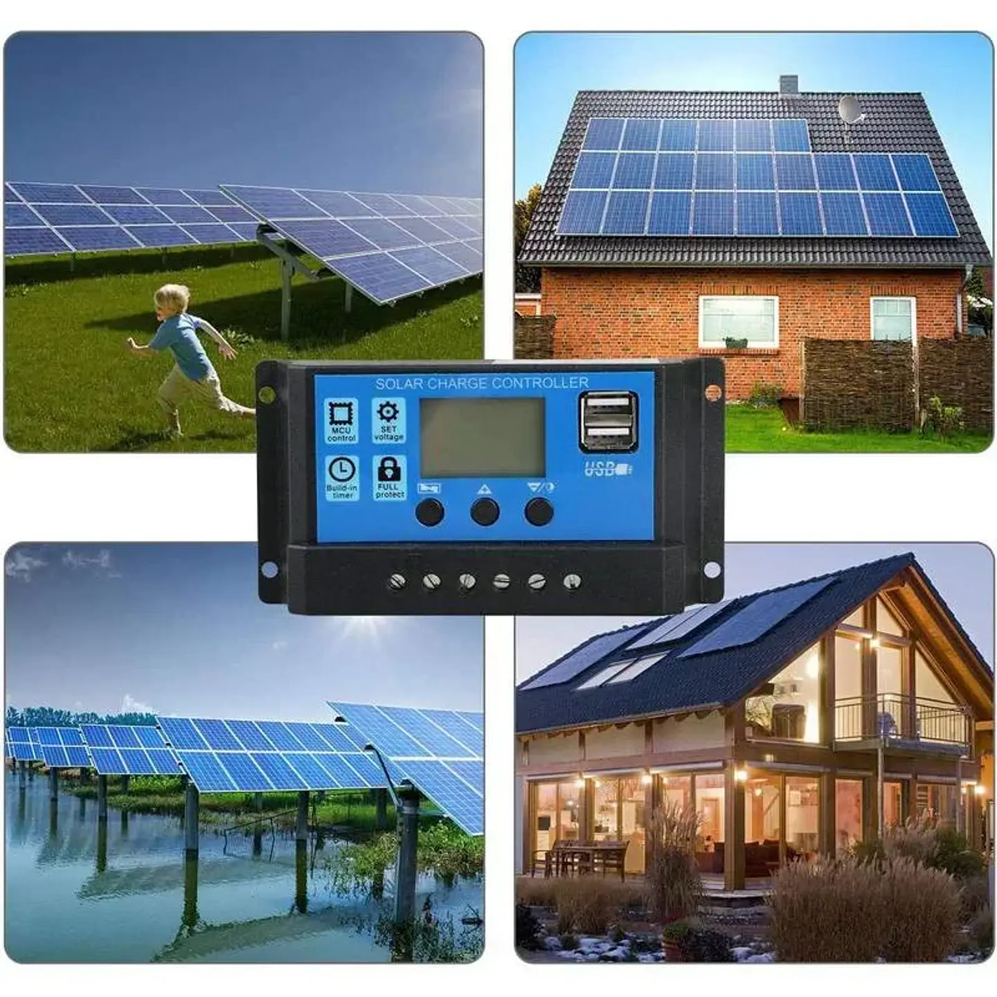 10A–100A PWM Solar Charge Controller — 12V/24V, LCD & USB 6