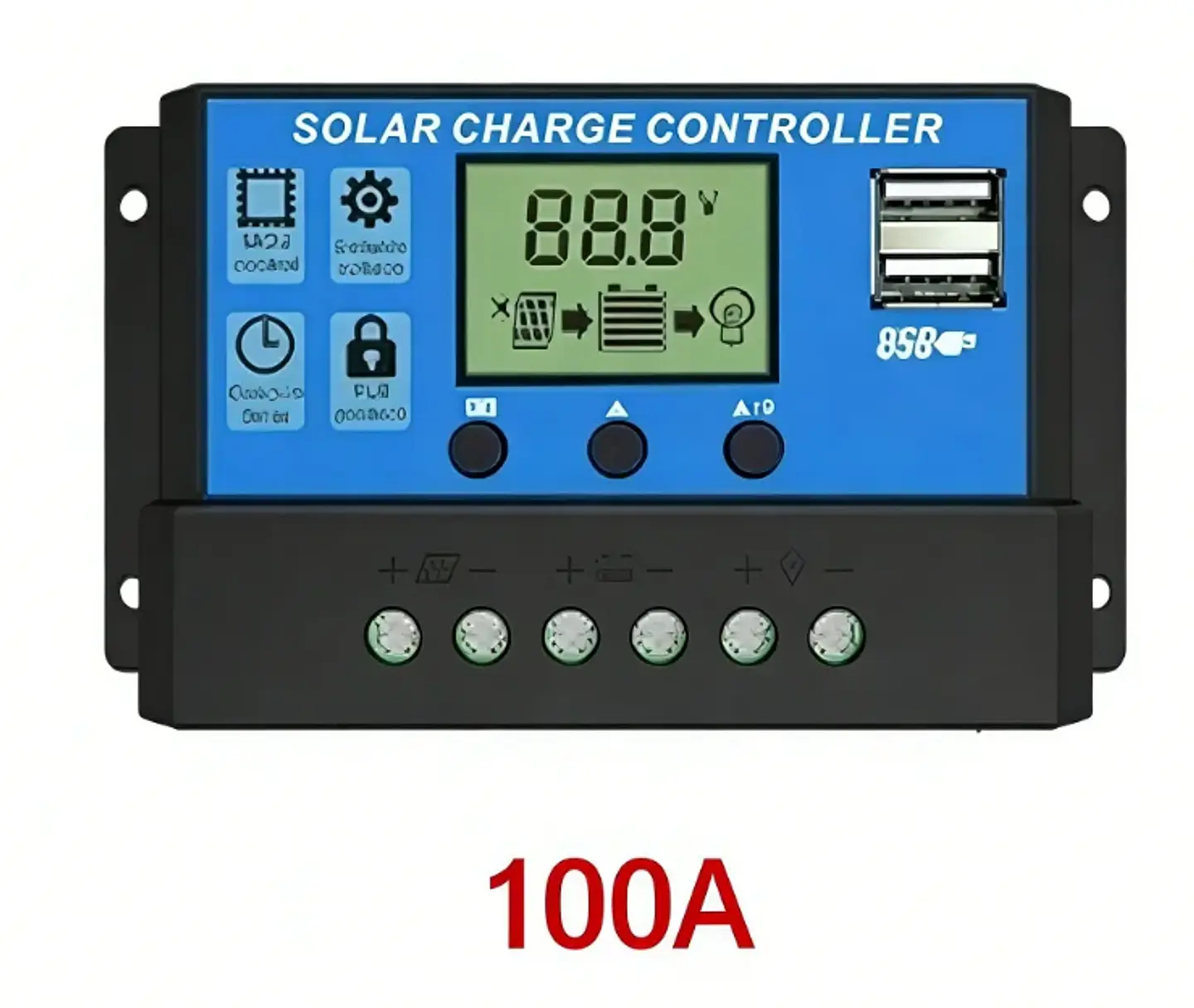 10A–100A PWM Solar Charge Controller — 12V/24V, LCD & USB 7