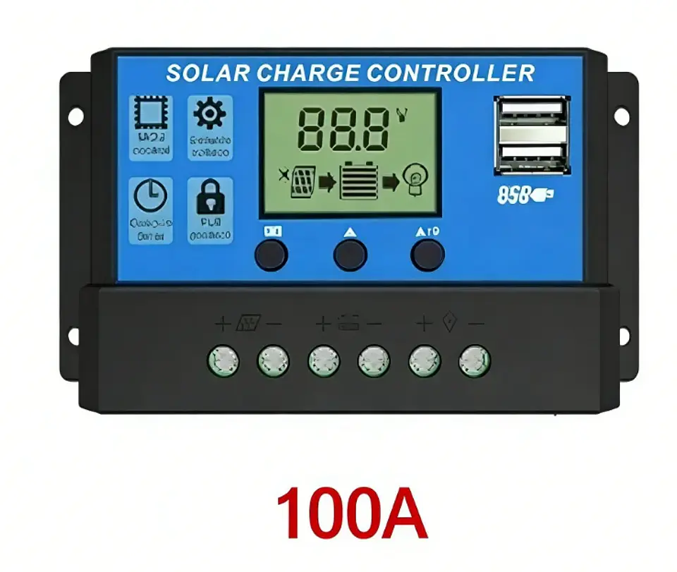 10A–100A PWM Solar Charge Controller — 12V/24V, LCD & USB 7