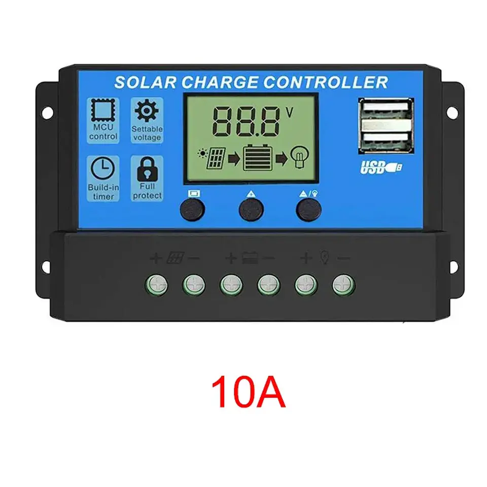 10A–100A PWM Solar Charge Controller — 12V/24V, LCD & USB 8