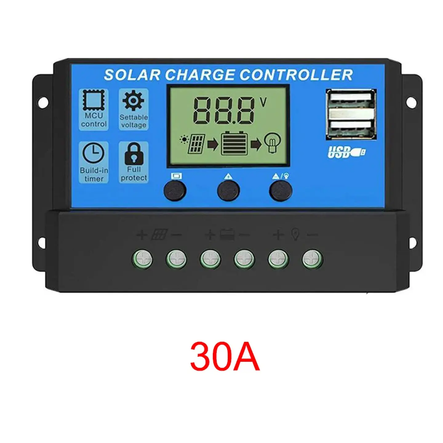 10A–100A PWM Solar Charge Controller — 12V/24V, LCD & USB 9