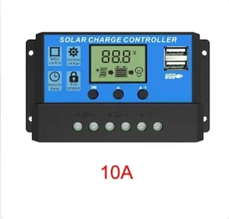 10A–100A PWM Solar Charge Controller — 12V/24V, LCD & USB 10