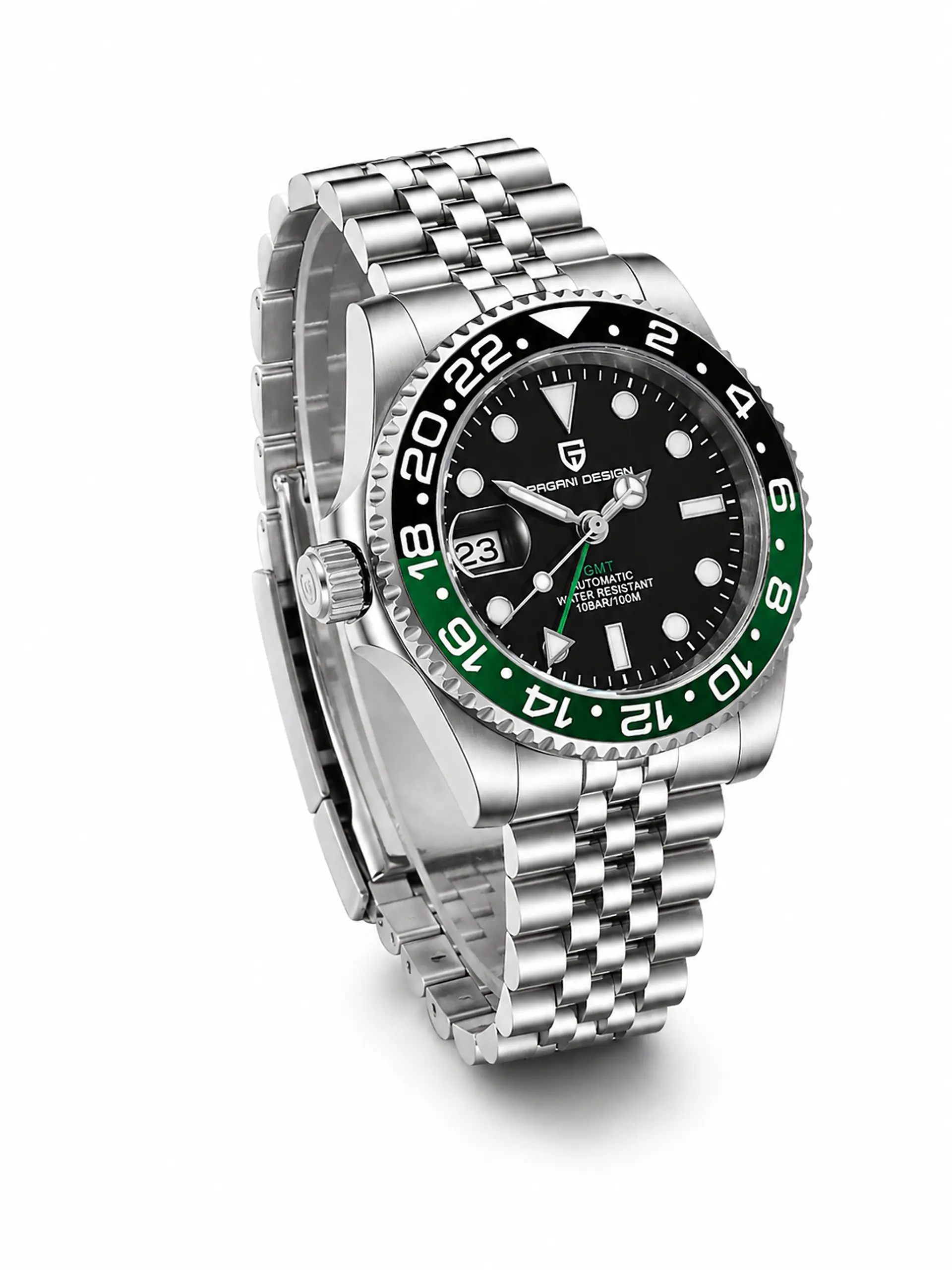 Pagani Design PD-1662 GMT Automático Acero 40 mm Negro/Verde (Corona Izquierda) 2