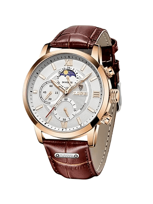 Reloj Lige Hombre Dorado con Correa Cafe
