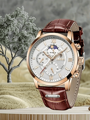 Reloj Lige Hombre Dorado con Correa Cafe