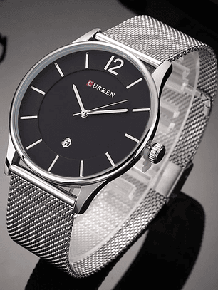 Reloj Curren pulsera Plateada con Fondo Negro 