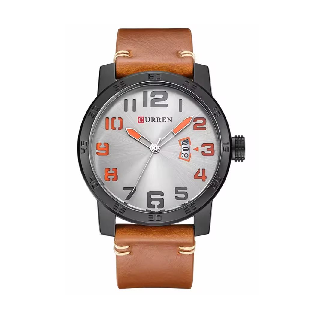 Reloj Hombre Curren Plateado con Correa Cafe 1