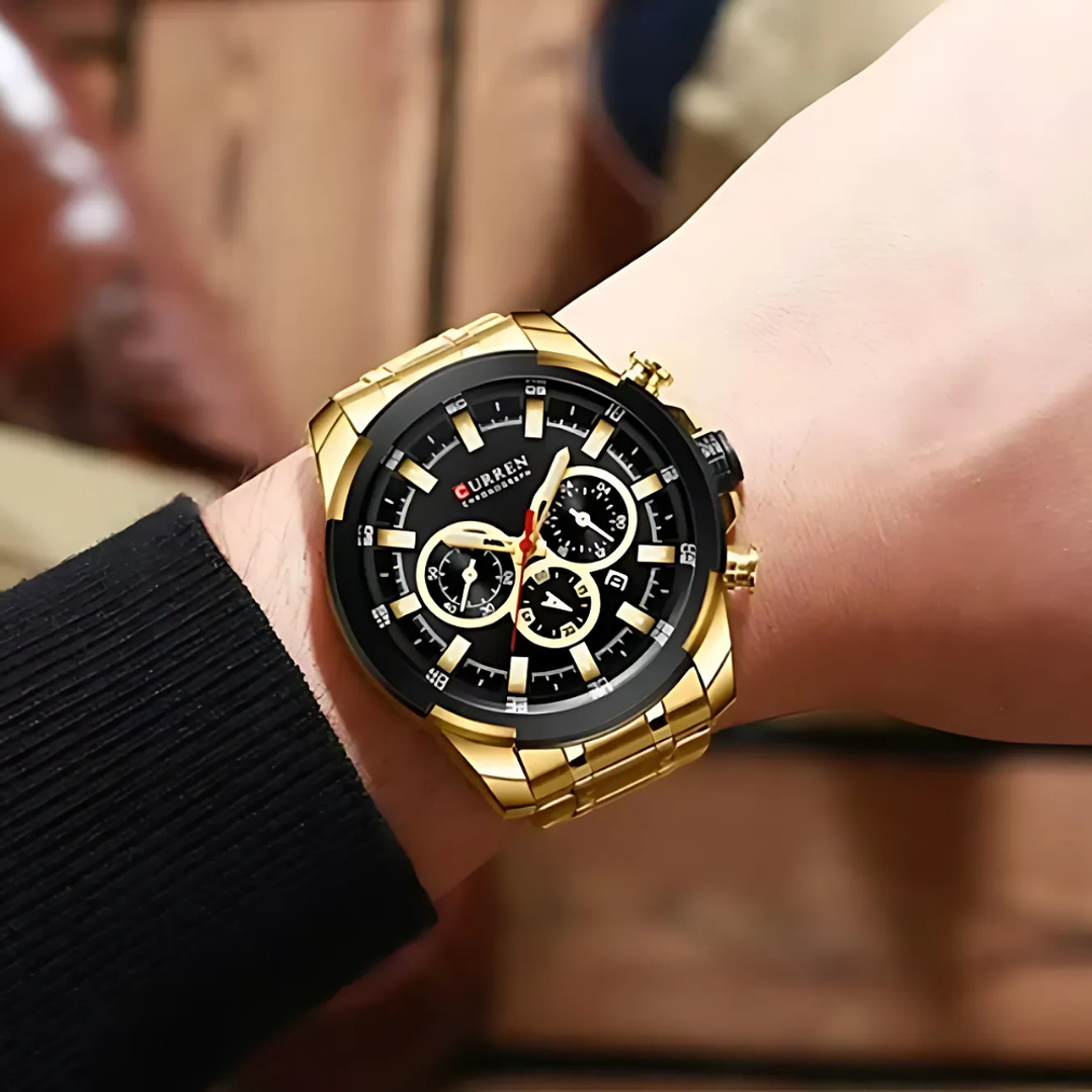 Reloj Hombre Curren Acero Inoxidable Dorado con Negro 3