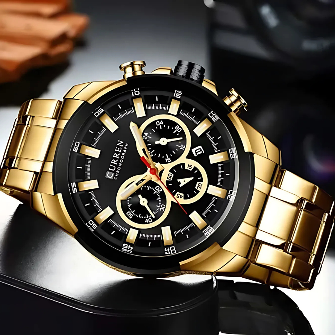 Reloj Hombre Curren Acero Inoxidable Dorado con Negro 2