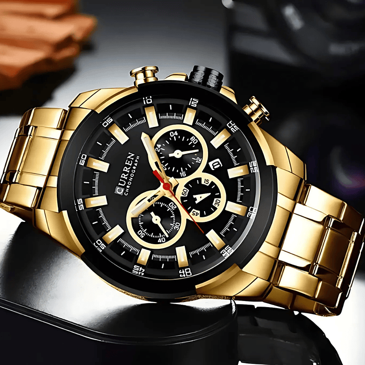 Reloj Hombre Curren Acero Inoxidable Dorado con Negro 2
