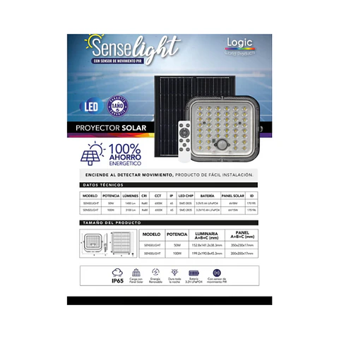 Proyector de Área Solar SENSELIGHT 100W – 3100 lm | Luz 6500K