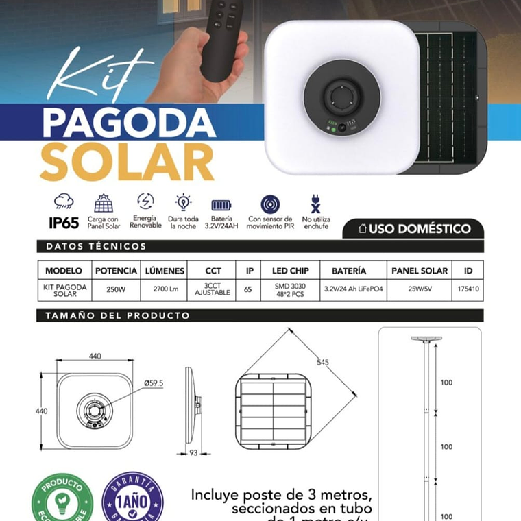 🔆Kit Pagoda Solar 250W + Poste 3m | 2700 lm | Batería 24Ah | IP65 | 120° 3