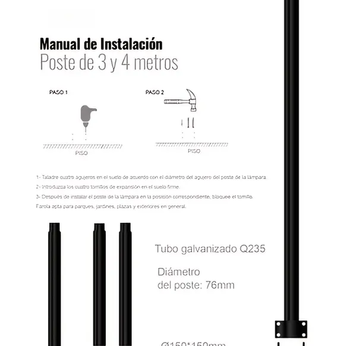 Poste Metálico Armable Sólido 3 Metros 70mm para pagoda S07 150W 2