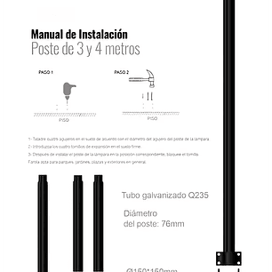 Poste Metálico Armable Sólido 3 Metros 70mm para pagoda S07 150W