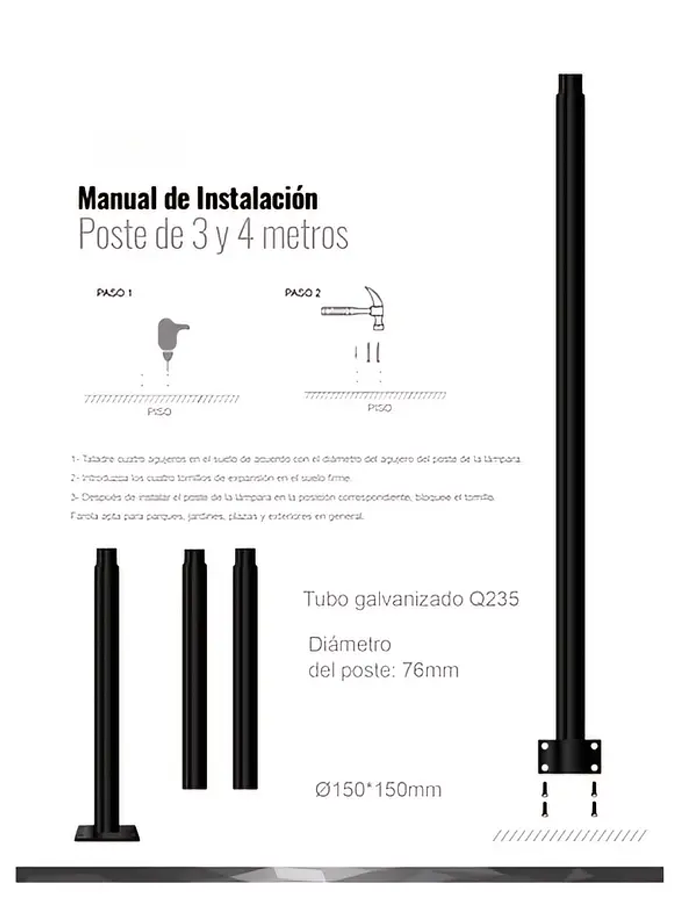 Poste Metálico Armable Sólido 3 Metros 70mm para pagoda S07 150W 2