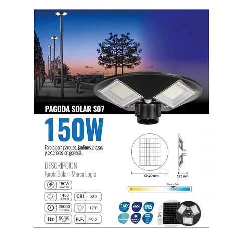 Kit Luminaria Solar LED Pagoda S07 150W + Poste Metálico 3mts – Luz Blanco Frío