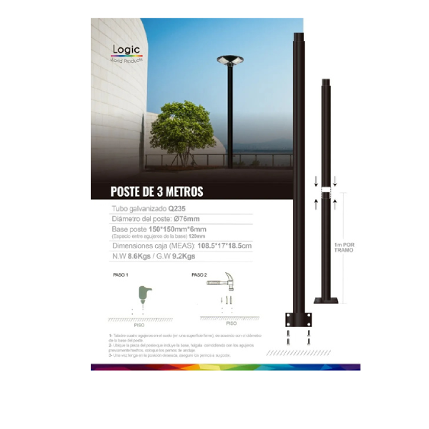 Kit Luminaria Solar LED Pagoda S07 150W + Poste Metálico 3mts – Luz Blanco Frío 5