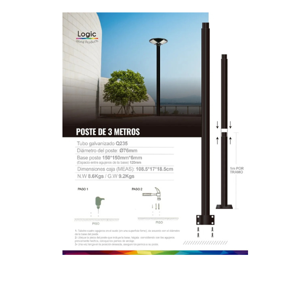 Kit Luminaria Solar LED Pagoda S07 150W + Poste Metálico Sólido 3 Metros – Luz Blanco Cálido 2