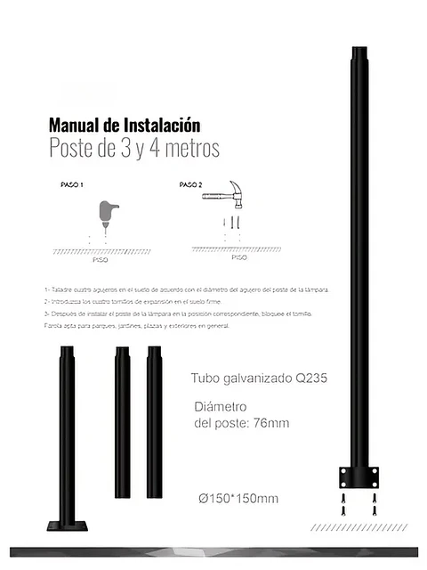 Poste Metálico Armable Sólido 4 Metros 70mm para pagoda S07 150W