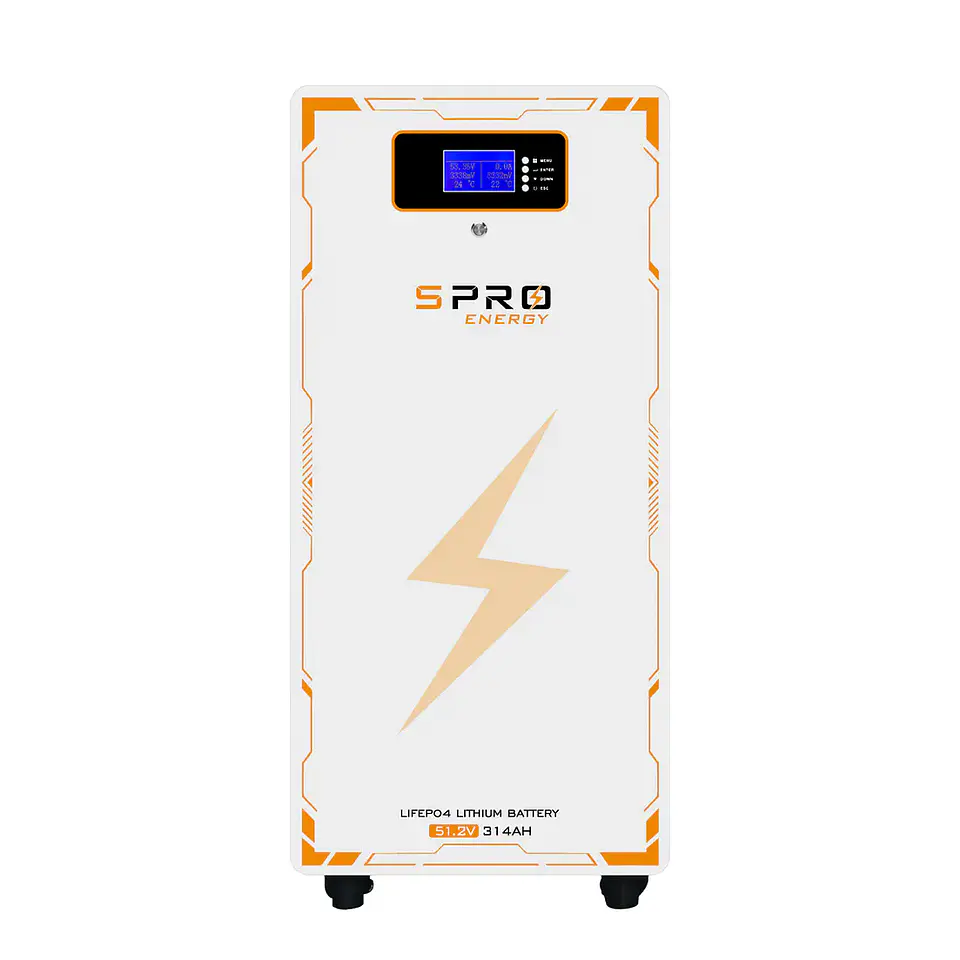 Batería de litio SUNPRO modelo LC grado A LIFEPO4 51.2V 314AH 6.000 Ciclos 95% DOD 16kw con LCD 2