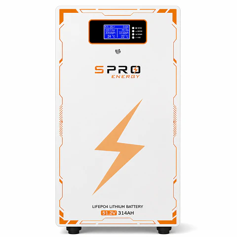 Batería de litio SUNPRO modelo LC grado A LIFEPO4 51.2V 314AH 6.000 Ciclos 95% DOD 16kw con LCD