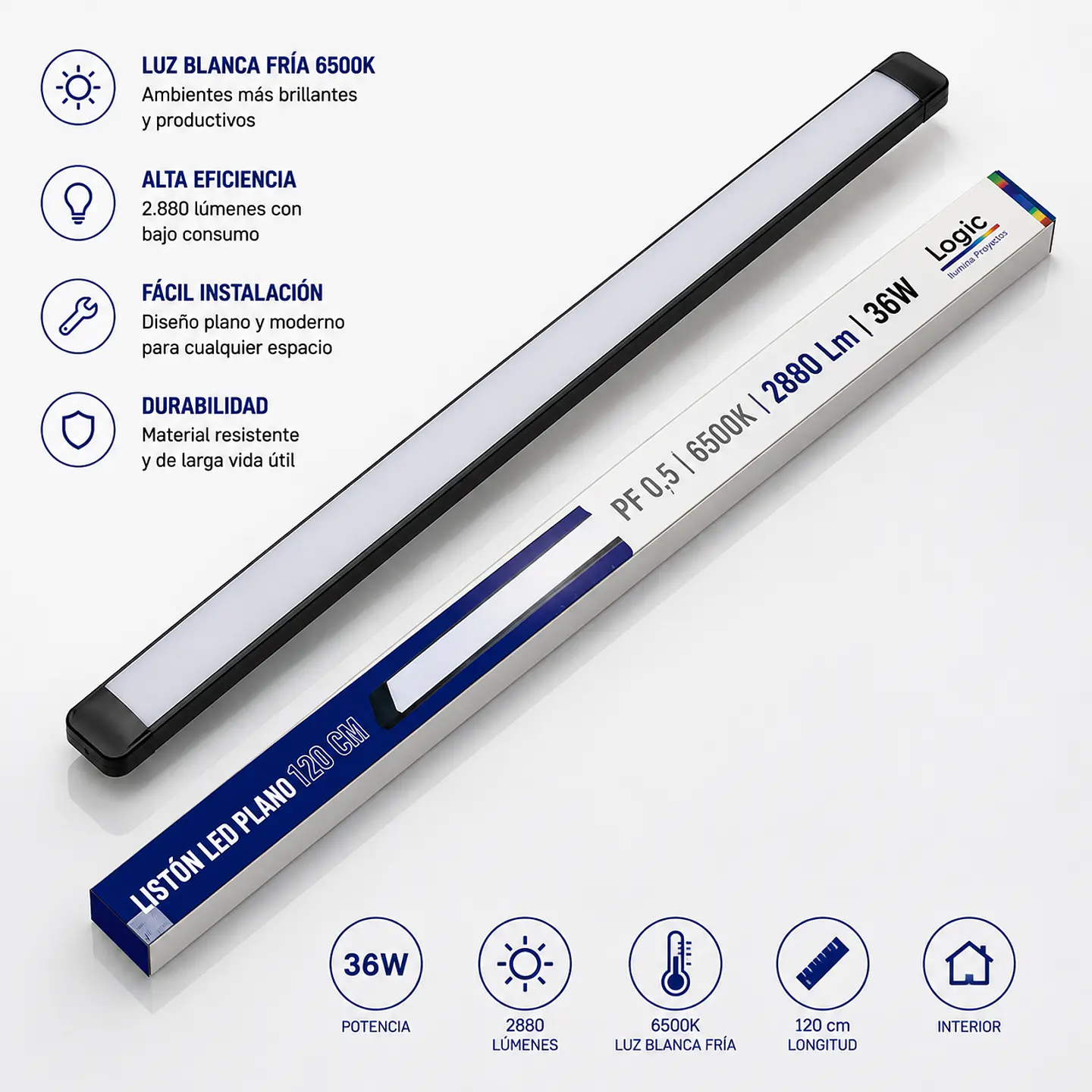 Listón LED Plano Negro 36W – 2.880 Lúmenes 1