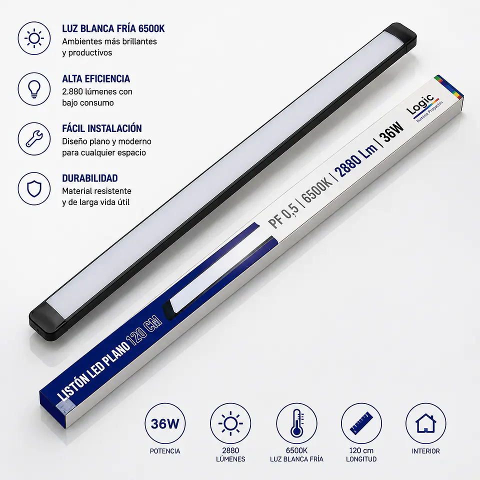 Listón LED Plano Negro 36W – 2.880 Lúmenes 1