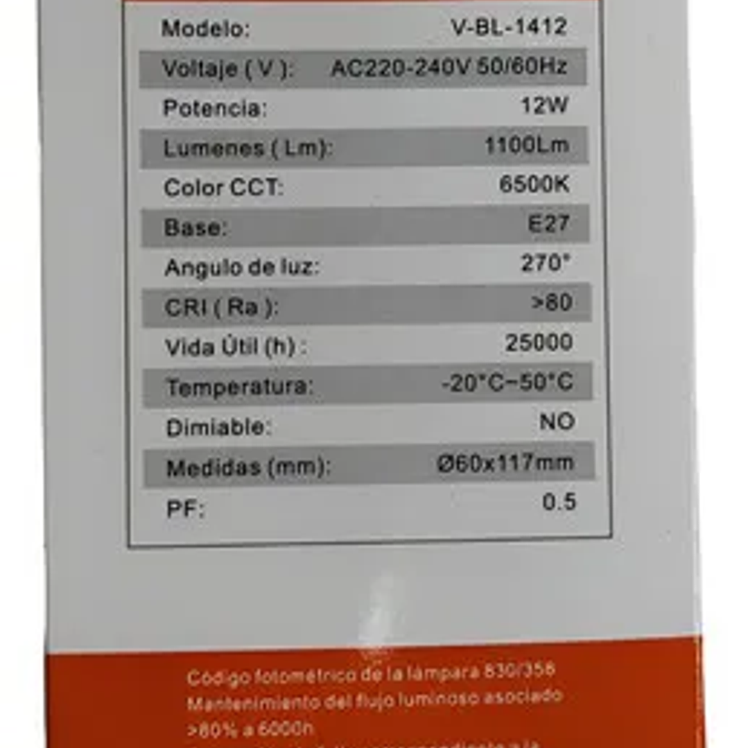 Ampolleta Led 12w 6500K 9