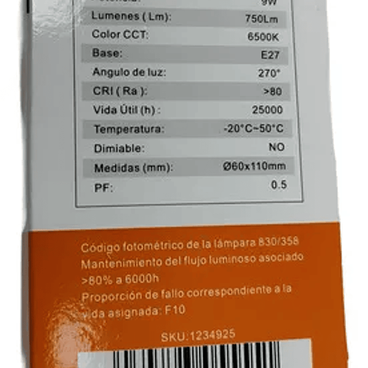 Ampolleta Led 9w 6500K 9