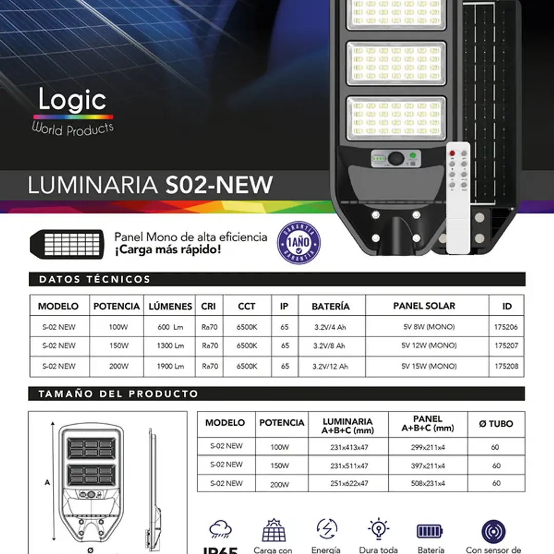 Luminaria Peatonal SOLAR LED 100W 3