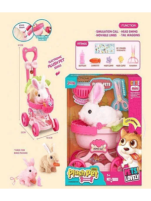 CONEJO CON COCHE  MUSICAL CAMINA Y ACCESORIOS