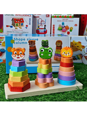 Juguete de Encastre y Apilado de Madera - Animales (Tigre, Rana, León)