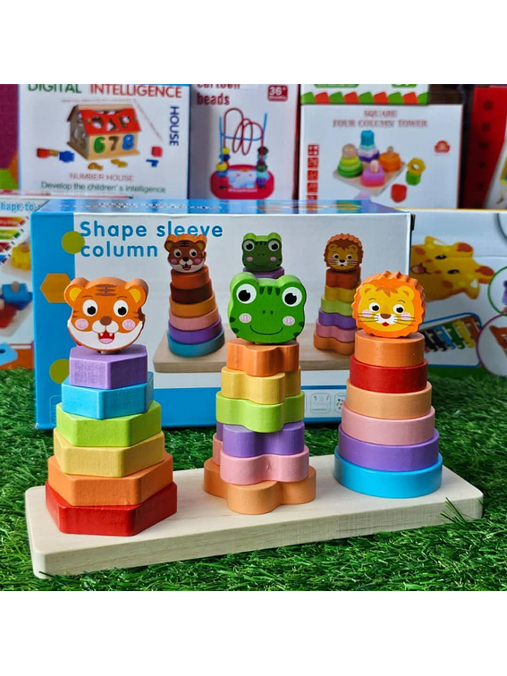 Juguete de Encastre y Apilado de Madera - Animales (Tigre, Rana, León) 1